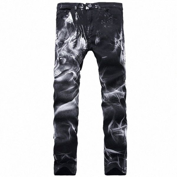 Ночной клуб Мужские джинсы с 3D-принтом Джинсовый черный волк с принтом в стиле панк Прямые джинсовые брюки с принтом Плюс размер 28-42 Y81U #