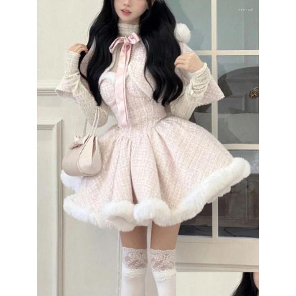 Abiti da lavoro Stile coreano Kawaii Set da 3 pezzi Donna Retro Patchwork Abito vintage Abito femminile Cappotto corto Off Shoder Top solidi Drop Del Otmae