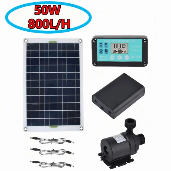 Acessórios 50W 800L / H Bomba de tanque de aquário Bomba de água de energia solar Trabalho contínuo Motor sem escova 12V Economia de energia com caixa de armazenamento de energia