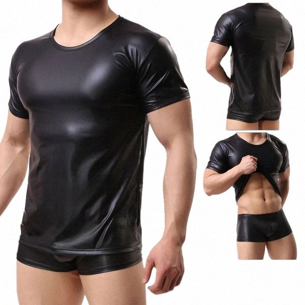 T-shirt nera in ecopelle da uomo sexy T-shirt attillata slim T-shirt a manica corta da uomo Effetto bagnato Latex Nightclub Catsuit PVC T-shirt Q5O9 #