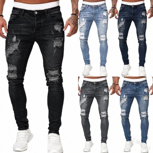 fi Street Style Jeans skinny strappati Uomo Vintage w Pantaloni in denim solido Uomo Casual Slim fit Pantaloni in denim a matita vendita calda M3HJ #