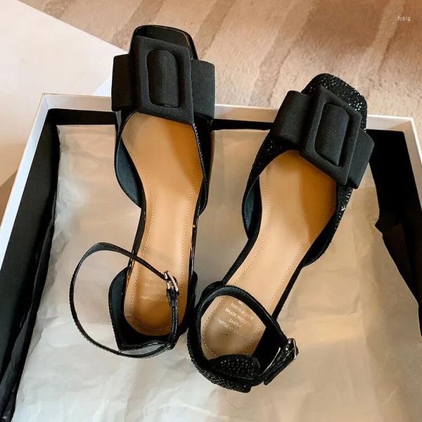 Sapatos de vestido 2024Black Crystal Mulheres Ankle Strap Bombas Square Toe Big Bowknot Med Heels Prom Party Sandalias Único Chaussure Femininos