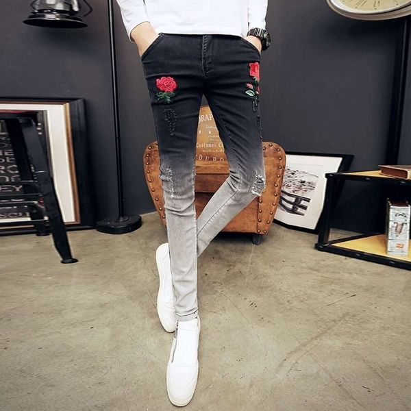 Jeans masculinos outono e inverno, personalidade não convencional, bigodes de gato com buracos, ajuste fino, calças justas elásticas, efeito de emagrecimento