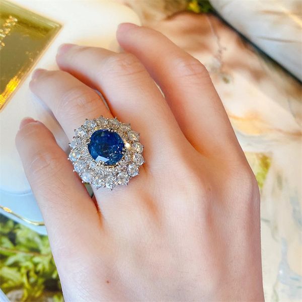 Espumante moissanite diamante anéis de casamento jóias de luxo 925 prata esterlina preenchimento redondo corte azul safira zircão festa feminino aberto anel ajustável presente