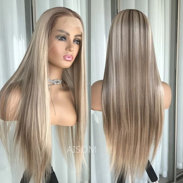Highlight Blonde Platin gerade Lace-Front-Perücke, synthetisches Haar für Frauen, leimlose Lace-Frontal-Perücke, vorgezupft, blond, gefärbt