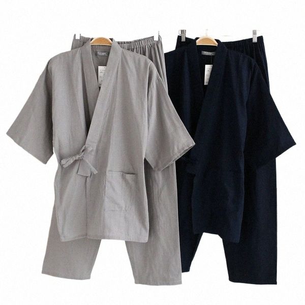 qweek Conjuntos de pijamas masculinos Cott Kimo Pijama Hombre Pijama Homme Soft Home Wear 2 peças Pijamas estilo japonês V9pB #