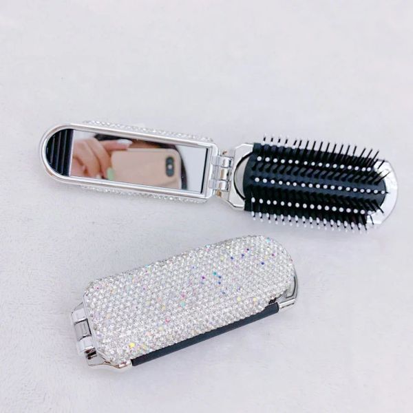 Espelhos mini portátil dobrável pente espelho diamante almofada de ar bling strass cosméticos viagem bolso escova de cabelo ferramenta de maquiagem