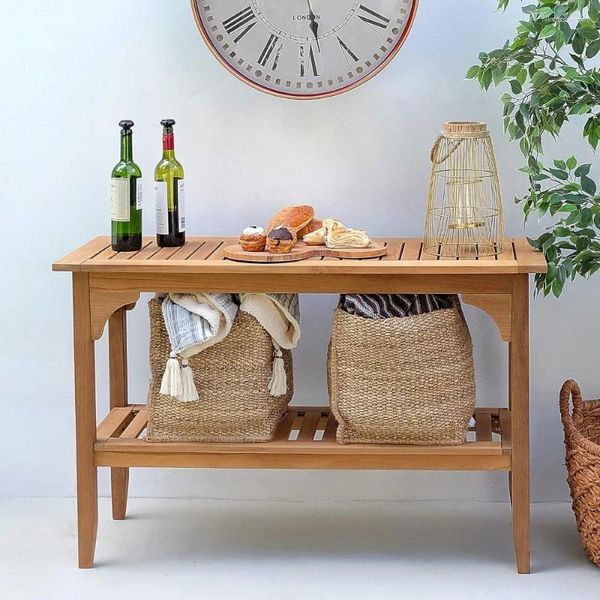 Camp Furniture Plantation Campingtisch aus Teakholz, 119,4 cm, Terrassenkonsole mit 2 Ablagen, für drinnen und draußen, multifunktionaler Buffet-Bar-Aufbewahrungsorganisator