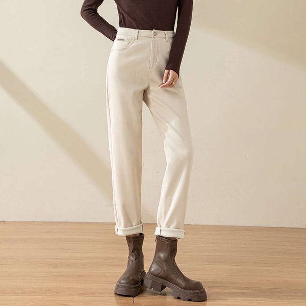Бархатные белые джинсы с высокой талией для женщин, новинка зимы 2023, утягивающие брюки-морковки для папы, повседневные брюки Харлан