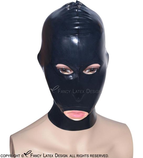 Black Sexy Lattice Cappucciato alla schiena sul retro con gli occhi fori per il naso della bocca aperta maschera in gomma 00426832990