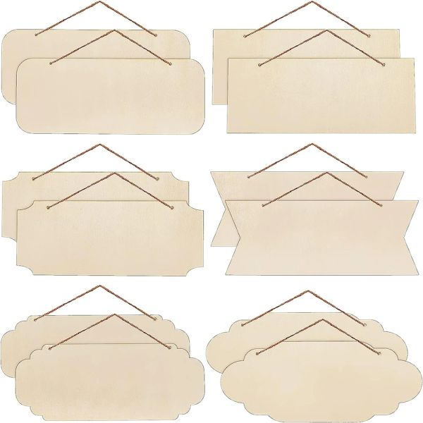 Crafts 12pcs Segno di legno incompiuto rettangolo vuoto Celette di placca in legno appeso Cregio appeso con corda per la decorazione dell'arte della parete della porta