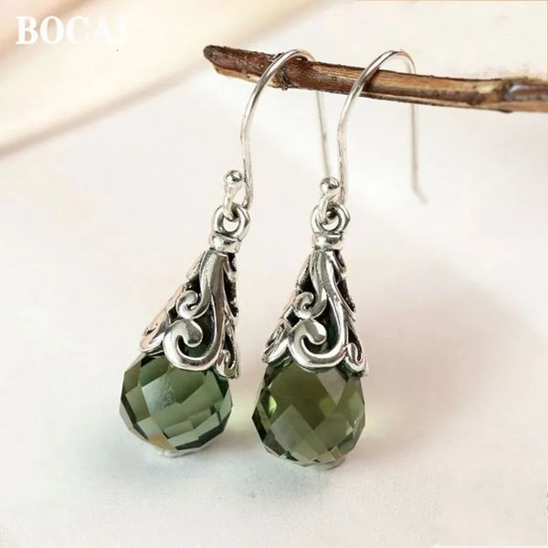 BOCAI S925 Acessórios de jóias de prata Retro Brincos de Cristal Green de Cristal Green de Cristal de Eardrop Retornos de Brincos 240311