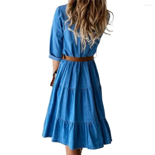 Vestidos casuais mulheres simples vestido três quartos manga resistente fácil de lavar plissado denim