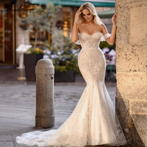 2024 Nuovo arrivo romantico appliques pizzo spalle maniche innamorato sirena abiti da sposa stampe floreali tromba abiti da sposa