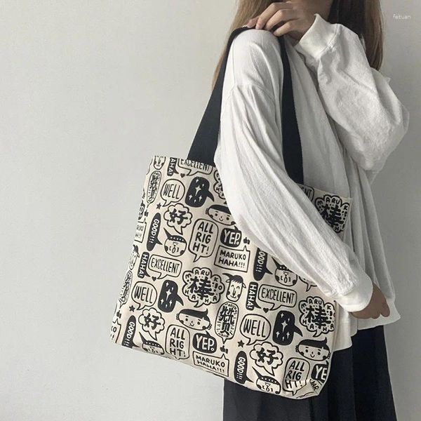 Bolsa feminina lona graffiti compras ombro totes zíper feminino grande capacidade eco reutilizável estudantes livro sacos para portátil bolsas