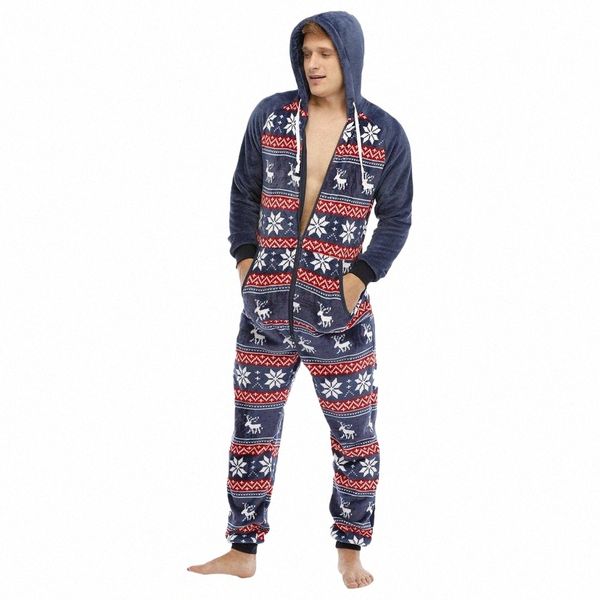 Homens Macacão Pijama Quente Fleece Onesie Christmas Elk Print Lg Manga Pijama Flanela Zipper Hoodie Lazer Homem Onesie Adultos 90fV #