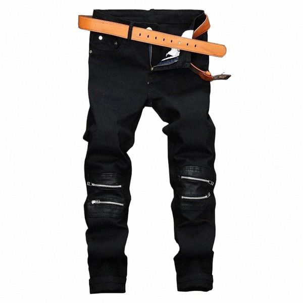 Homens jeans joelho buraco design calças jeans preto zíper retalhos em linha reta plus size fino fi masculino dropship k21h #