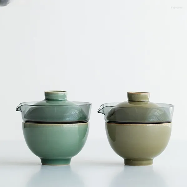 Чашки и блюдца Yue Kiln Celadon Экспресс-путешествие, чайная чашка, стеклянная чаша с крышкой, один набор кастрюль, акриловая портативная тканевая сумка