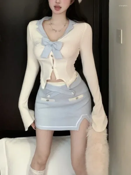 Çalışma Elbiseleri 2024 Sonbahar Kawaii Mavi Takım Kadın Japon Tarzı Y2K mahsul üstleri İnce Bodycon Mini Etek Partisi Lolita Moda 2 Parça Set Chic