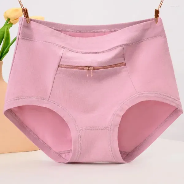 Calcinha feminina macia e confortável cintura alta respirável algodão roupa interior com bolso com zíper anti-roubo para mulheres avós de meia-idade