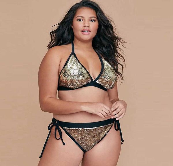 Maiô plus size dourado lantejoulas glitter push up maiô vintage triângulo superior e gravata lateral roupa de banho sexy atrevido bandagem inferior biki3359782