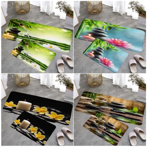 Tappetini Zen Green Bamboo Tappetino da cucina Set Candela di loto Nero Massaggio Pietra Spa Scenic Home Room Decor Tappeto Tappeto antiscivolo Tappetini da bagno