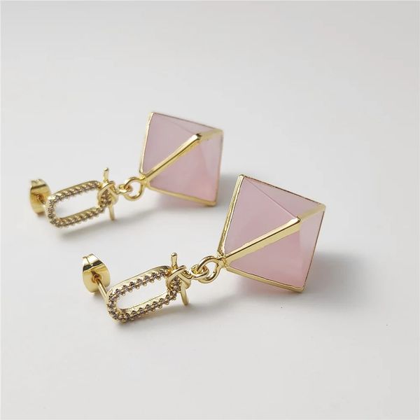 Fuwo 1Pair Natural Rose Quartz Ohrring Pyramidal Accessor