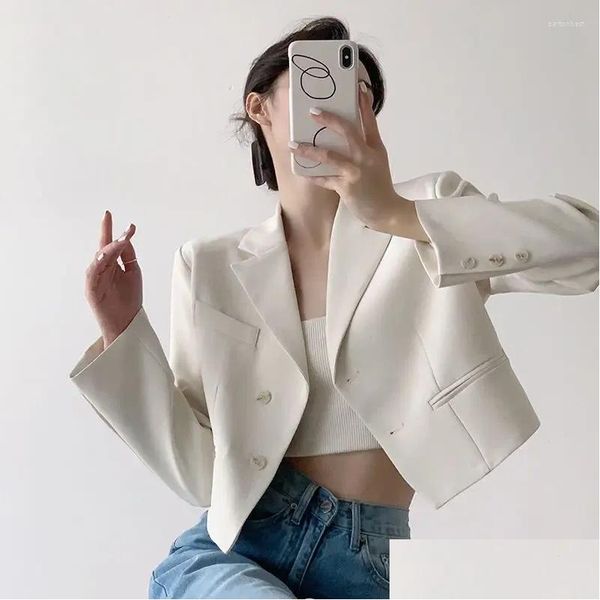Kadın Takımları Blazers Kadın Kırpılmış Blazer Ceket Günlük All Maç Çentikli Yakalı Ofis Lady Kore Moda Uzun Kollu Dış Giyim 2024 D Oto1y