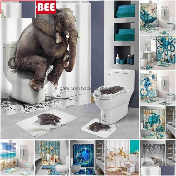 Tende da doccia Ocean Beach Shell Tartaruga marina Elefante Tenda 3D Impermeabile Bagno Piedistallo Tappeto Coperchio WC Er Tappetino da bagno Set Drop Del Dh2Oi