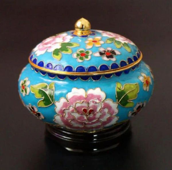 Esculturas estátua de cobre coleção porcelana chinesa pintura flores cloisonne pote armazenamento circular capa auspicioso riqueza jar estátuas