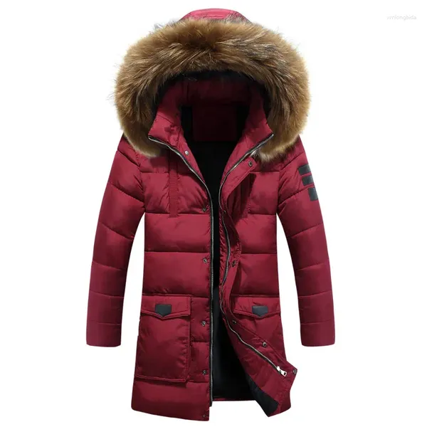 Männer Unten Winter Jacke Männer 2024 Dicke Baumwolle Gepolsterte Mann Mantel Mitte Lange Schlanke Kapuze Faux Waschbären Pelz Kragen plus Größe 3XL HJ546