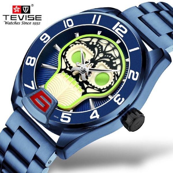 Tevise Watches Mechanical Homens de aço inoxidável Relógio automático de moda Luxuja Blue Cool Skull Relógio Relogio Masculino2655