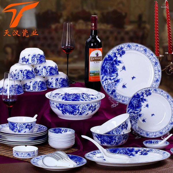 Учебные посуды наборы Jingdezhen Высококачественные китайские китайские синие и белые фарфоровые набор посуды оптовые керамические миски посуды ложи для деловых подарков