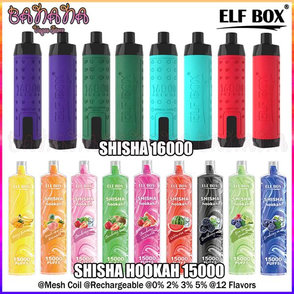 Elf Box Shisha 16000 Narghilè 15000 Puff Vapes usa e getta Flusso d'aria regolabile Bobina a rete ricaricabile 0% 2% 3% 5% 12 sapori Puff 16K 15K