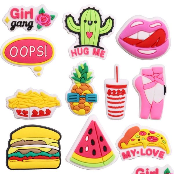 Parti di scarpe Accessori Moq 20 pezzi Pvc Cartoon Burger Fries Anguria Pneapple Cactus Girl Gang Charms Decoraiton Fibbia per Drop Del Dhoxh