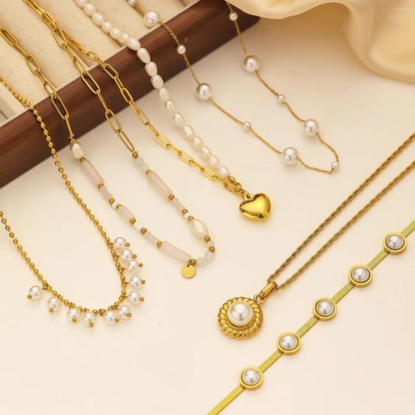 Kolye Kolyeler Vintage Paslanmaz Çelik Romantik Tatlısu İnci Neckalce Kadınlar Gelin Premium Partisi Mücevherleri