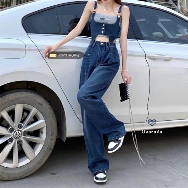 Pantaloni a due pezzi da donna Moda coreana Denim Bretelle Jeans 2024 Estate 2 Set per donna Diviso regolabile a vita alta dritto
