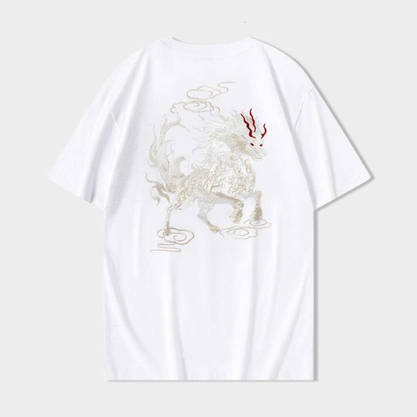 Erkeklerin Kısa Kollu T-Shirt Qilin Xiangyun Nakış Baskılı Yuvarlak Boyun Pamuk Gevşek Ruffian Yakışıklı Çin-Şık Yarım Kollu T-Shirt