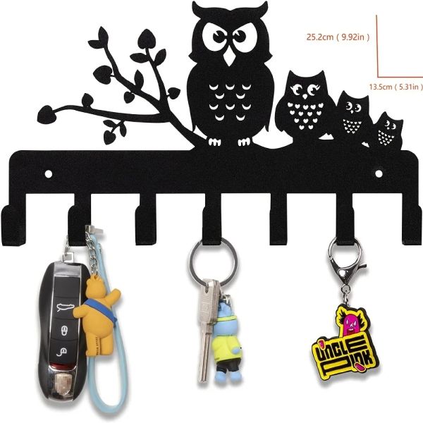 Rotaie 7 ganci Ganci portachiavi in ​​metallo nero Gufo Appendiabiti da parete Decorazioni multiuso per porta Cucina Corridoio Foyer Camera da letto