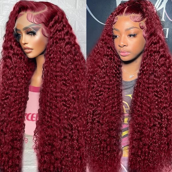 HD Deep Wave 99J Burgundy Red Colored 13x4 13x6 Lace Front Human Hair Wig for Women 250 Density Highlight Curly Lace Frontal Wig