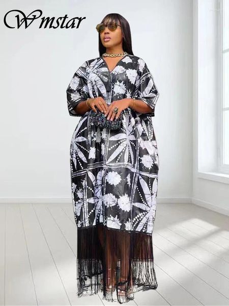 Vestidos de festa wmstar plus size para mulheres no verão v pescoço impresso manga curta solta borla maxi vestido atacado gota 2024