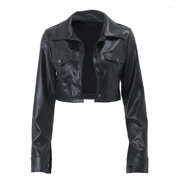 Giacche da donna in autunno sexy streetwear giacca corta in pelle nera per donna 2024 colletto rovesciato sottile monopetto capispalla corto