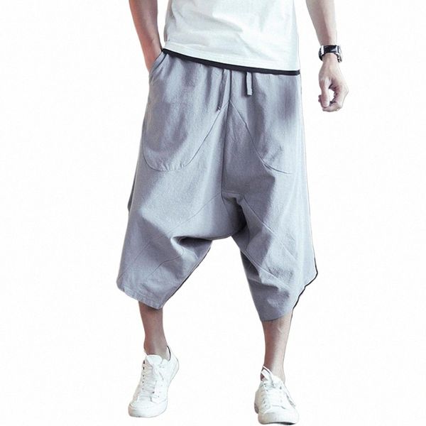 3/4 erkek pantolon damla kasık yüksek bel kırpılmış pantolonlar erkek harajuku harem pantolon yaz pamuklu keten joggers pantolon f60w#