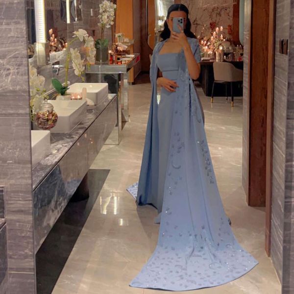 Dubai Sharon Satin Said Perlen Blau Abendkleider Für Frauen Elegante Hochzeit Party Lange Cape Sleeve Meerjungfrau Arabisch Kleider