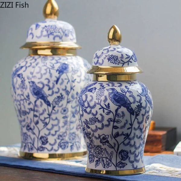 Frascos de porcelana azul e branca, frasco geral com tampas, recipientes de armazenamento de cerâmica, flor artificial, vaso floral decorativo