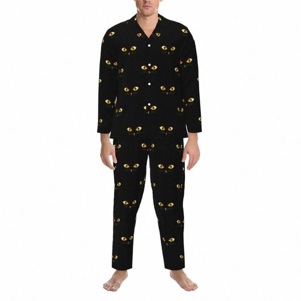 Occhi di gatto Stampa Pigiama Set Divertente Halen Kawaii Sleepwear Coppia Lg Manica Estetica Quotidiano 2 Pezzi Indumenti da letto di grandi dimensioni j40B #