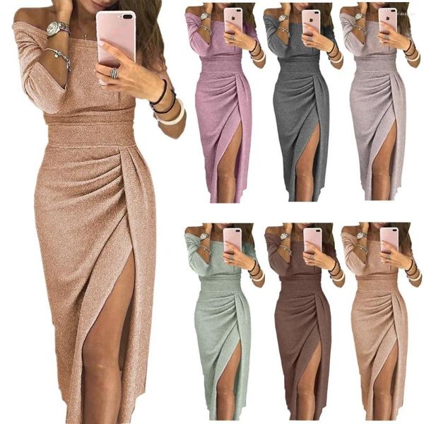 Sıradan Elbiseler Kadınların Omuz Kapalı Uzun Kollu Bodycon Akşam Partisi Elbise Asimetrik Bölünmüş Kalem S M L XL XXL