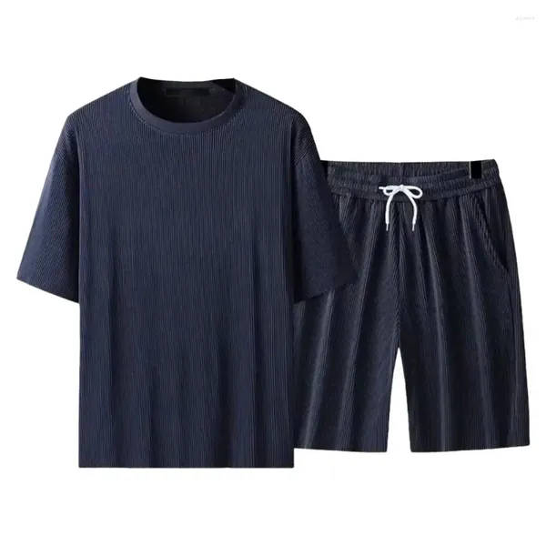 Fatos de treino masculinos roupa de seda gelo camiseta shorts definir verão casual com o pescoço cordão cintura para conforto