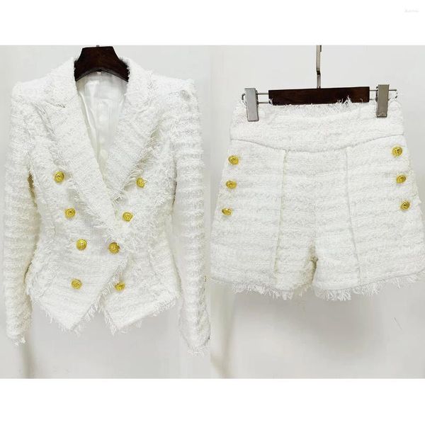 Ternos femininos jamerary duplo breasted jaquetas brancas casacos feminino tweed define botão dourado borlas blazer perna larga calças curtas