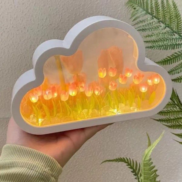 Espelhos Nuvem Tulipas Espelho Decorativo LED Night Light INS Handmade DIY Romântico Tulipas Humor Luz de Cabeceira Menina Coração Home Office Decor